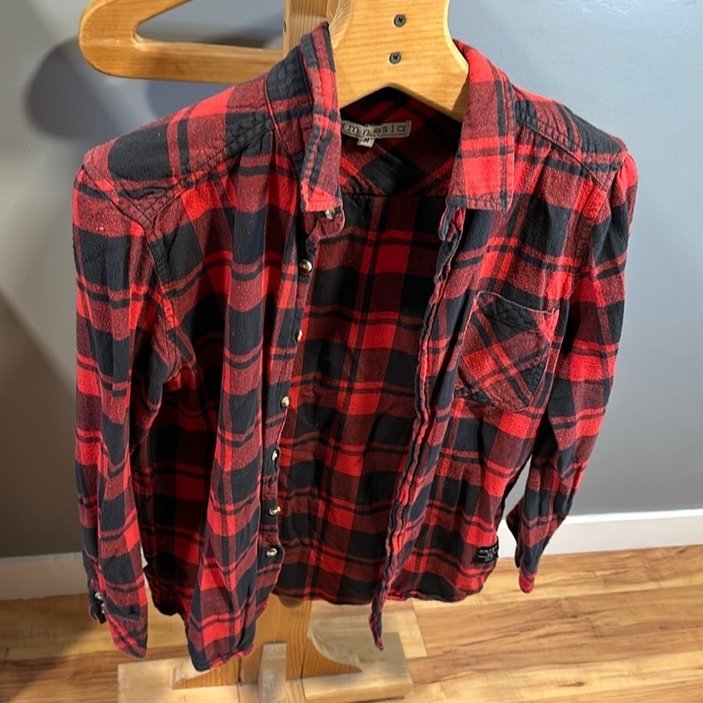 AMNESIA size medium, red and black plaid button up shirt